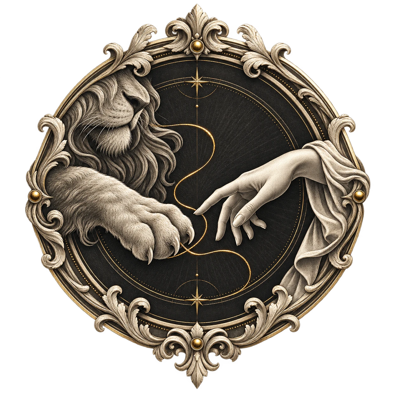 Lion paw and human hand emblem representing craft and partnership