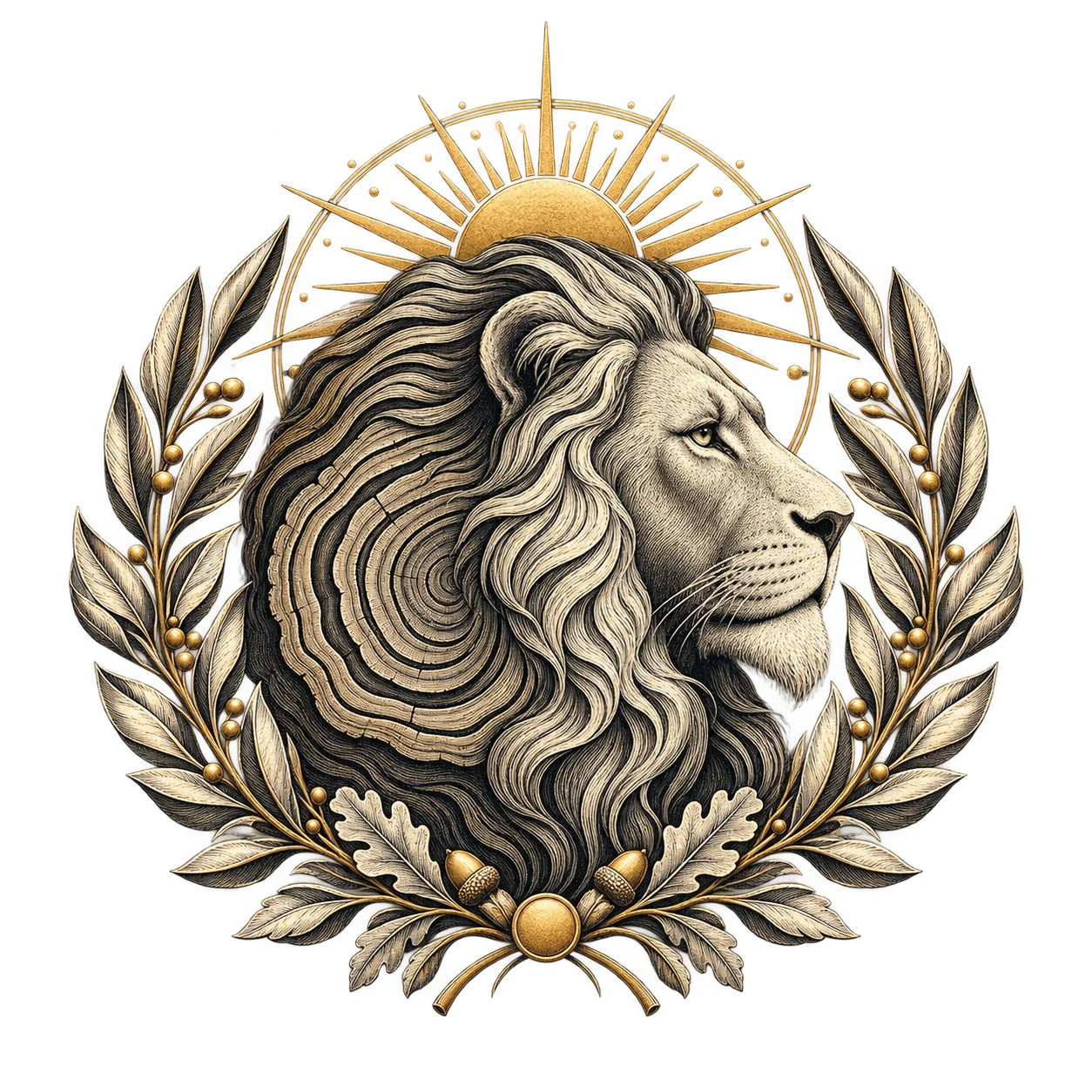 Lion, tree rings and laurel emblem representing legacy